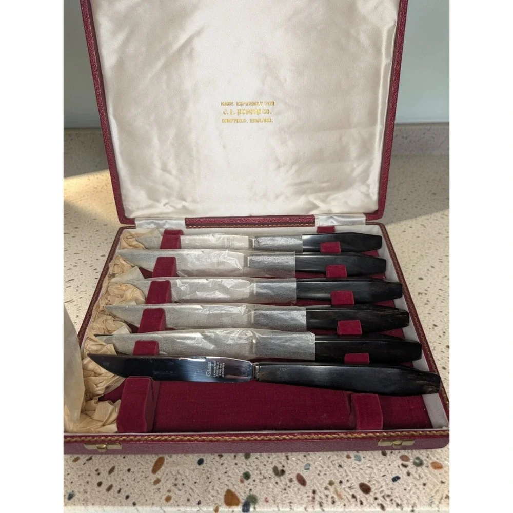 MCM Sheffield England JL Hudson 6 Steak Knife Buffalo Horn Handle Original Box
